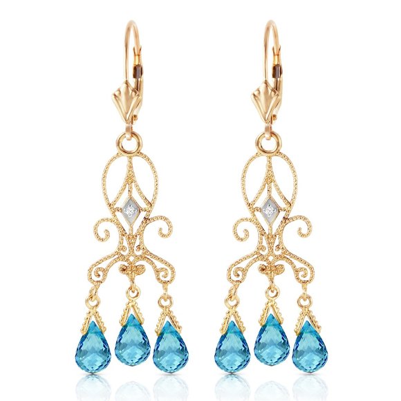 14K. GOLD CHANDELIER DIAMONDS EARRING W BLUE TOPAZ - Picture 1 of 5